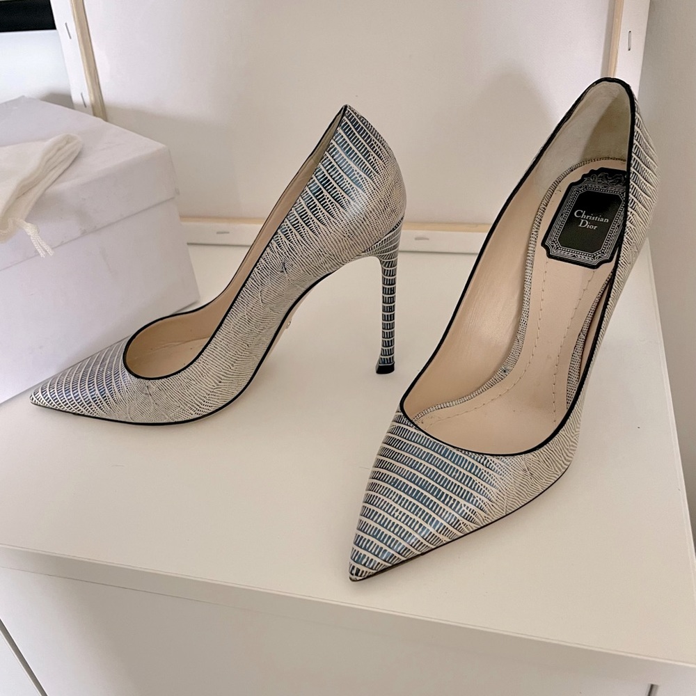Dior Dioressence Blanc Bleu Metallic High Heel Pump Sz 37.5 NIB